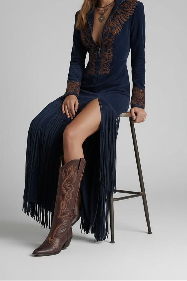 Rosalind – Women's Western Embroidered Maxi Dress – Long Sleeve with Fringe Hem