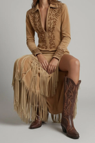 Rosalind – Women's Western Embroidered Maxi Dress – Long Sleeve with Fringe Hem