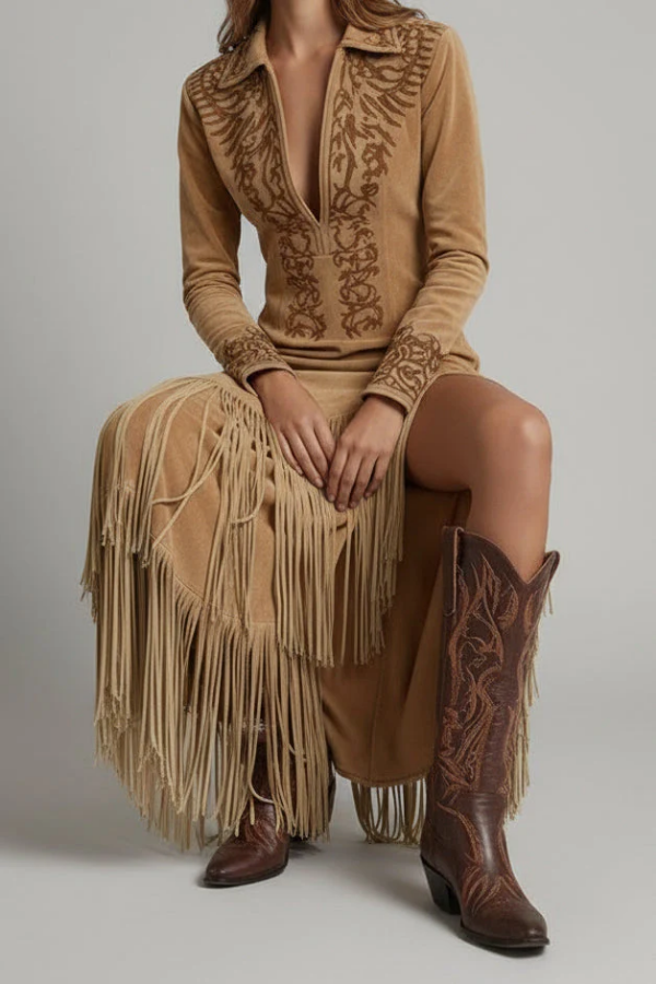 Rosalind – Women's Western Embroidered Maxi Dress – Long Sleeve with Fringe Hem