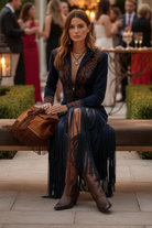 Rosalind – Women's Western Embroidered Maxi Dress – Long Sleeve with Fringe Hem