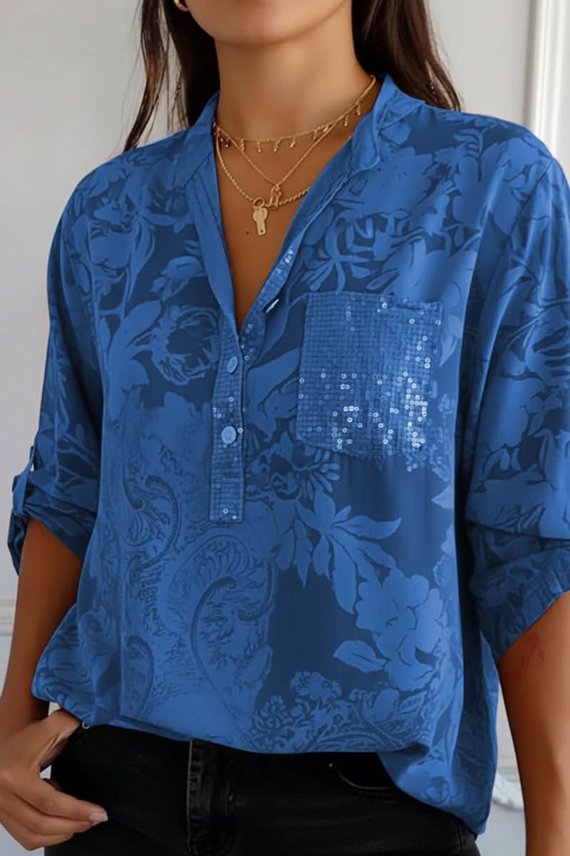 Rosemary – Women's Tonal Print Blouse – Henley Collar with Chest Pocket