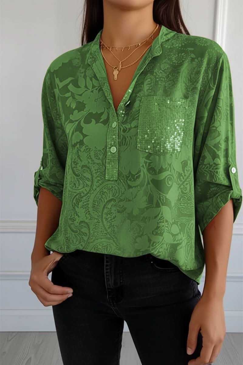 Rosemary – Women's Tonal Print Blouse – Henley Collar with Chest Pocket