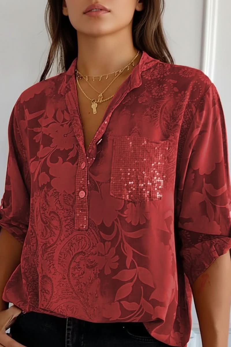 Rosemary – Women's Tonal Print Blouse – Henley Collar with Chest Pocket