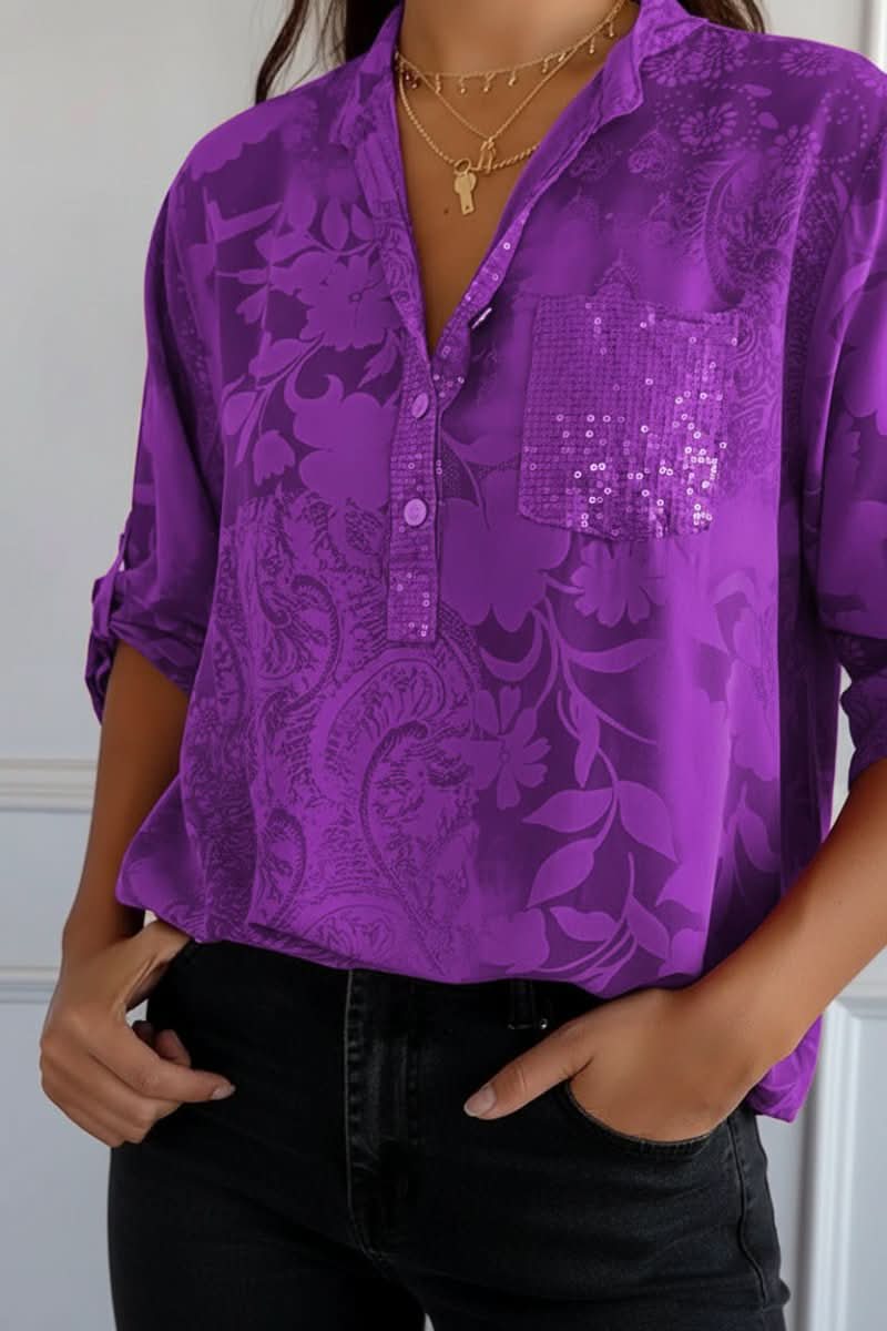 Rosemary – Women's Tonal Print Blouse – Henley Collar with Chest Pocket