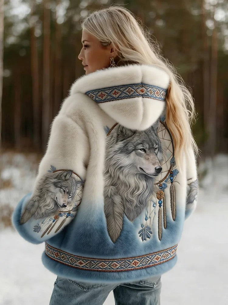 Rowan | Women's Hooded Printed Jacket – Artistic Wolf Motif with Soft Lining