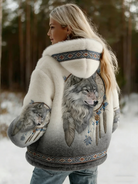 Rowan – Women's Hooded Printed Jacket – Artistic Wolf Motif with Soft Lining