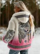 Rowan – Women's Hooded Printed Jacket – Artistic Wolf Motif with Soft Lining