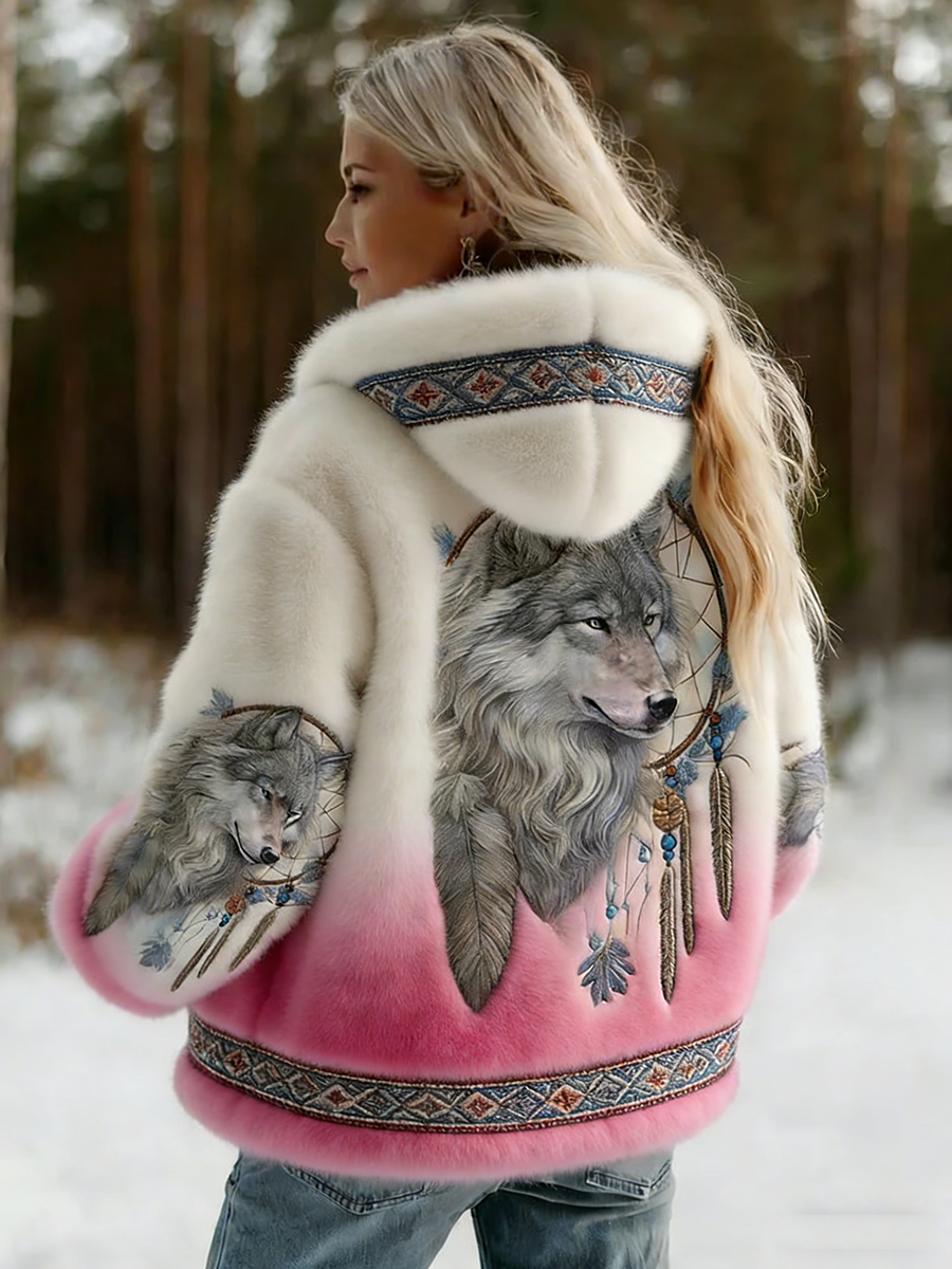 Rowan – Women's Hooded Printed Jacket – Artistic Wolf Motif with Soft Lining