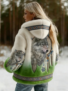 Rowan – Women's Hooded Printed Jacket – Artistic Wolf Motif with Soft Lining