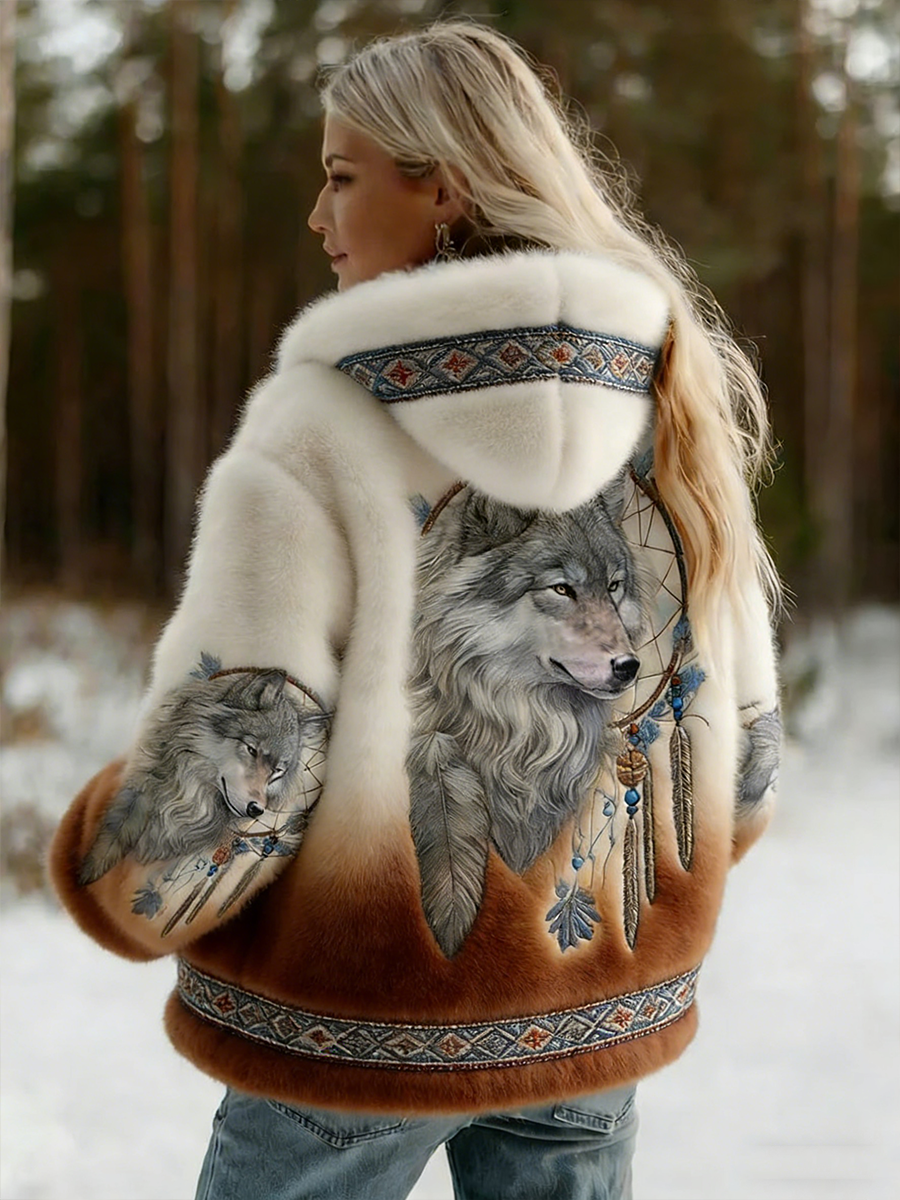 Rowan – Women's Hooded Printed Jacket – Artistic Wolf Motif with Soft Lining