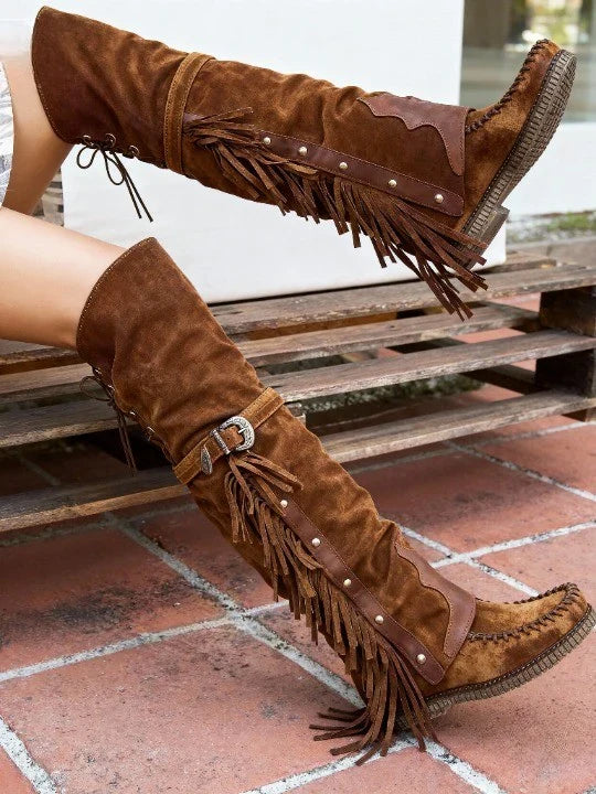 Ruth | Women's Fringe Cowboy Boots – Knee High Faux Suede Western Boots, Faux Fur Lined – Brown