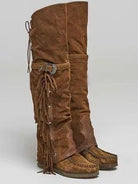 Ruth | Women's Fringe Cowboy Boots – Knee High Faux Suede Western Boots, Faux Fur Lined