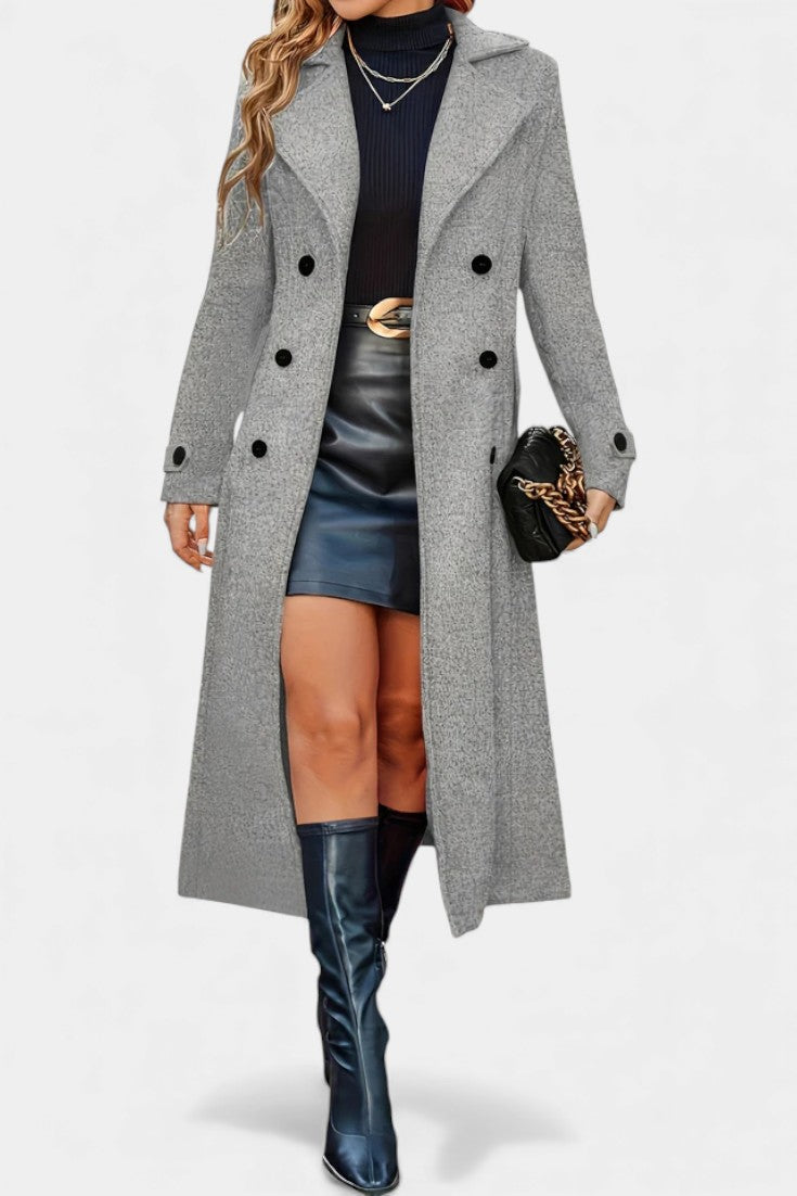 Sabine | Women's Long Double-Breasted Coat – Notch Lapel, Wool-Feel Overcoat