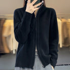 Sarah | Women's Zip-Up Knit Cardigan – High Stand Collar, Two-Way Zipper, Ribbed Trims – Black