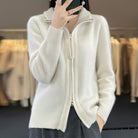 Sarah | Women's Zip-Up Knit Cardigan – High Stand Collar, Two-Way Zipper, Ribbed Trims – Ivory