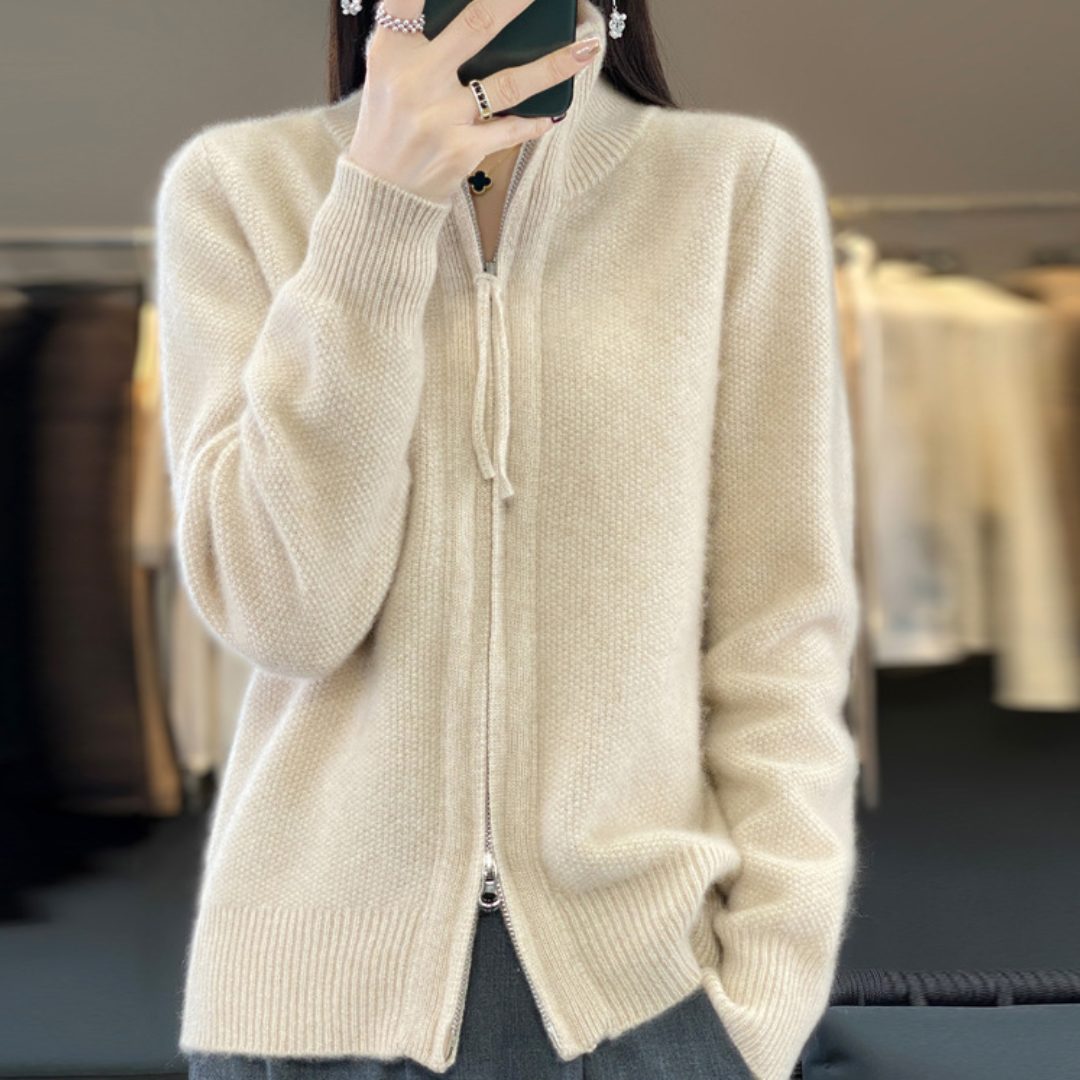 Sarah | Women's Zip-Up Knit Cardigan – High Stand Collar, Two-Way Zipper, Ribbed Trims – Oatmeal