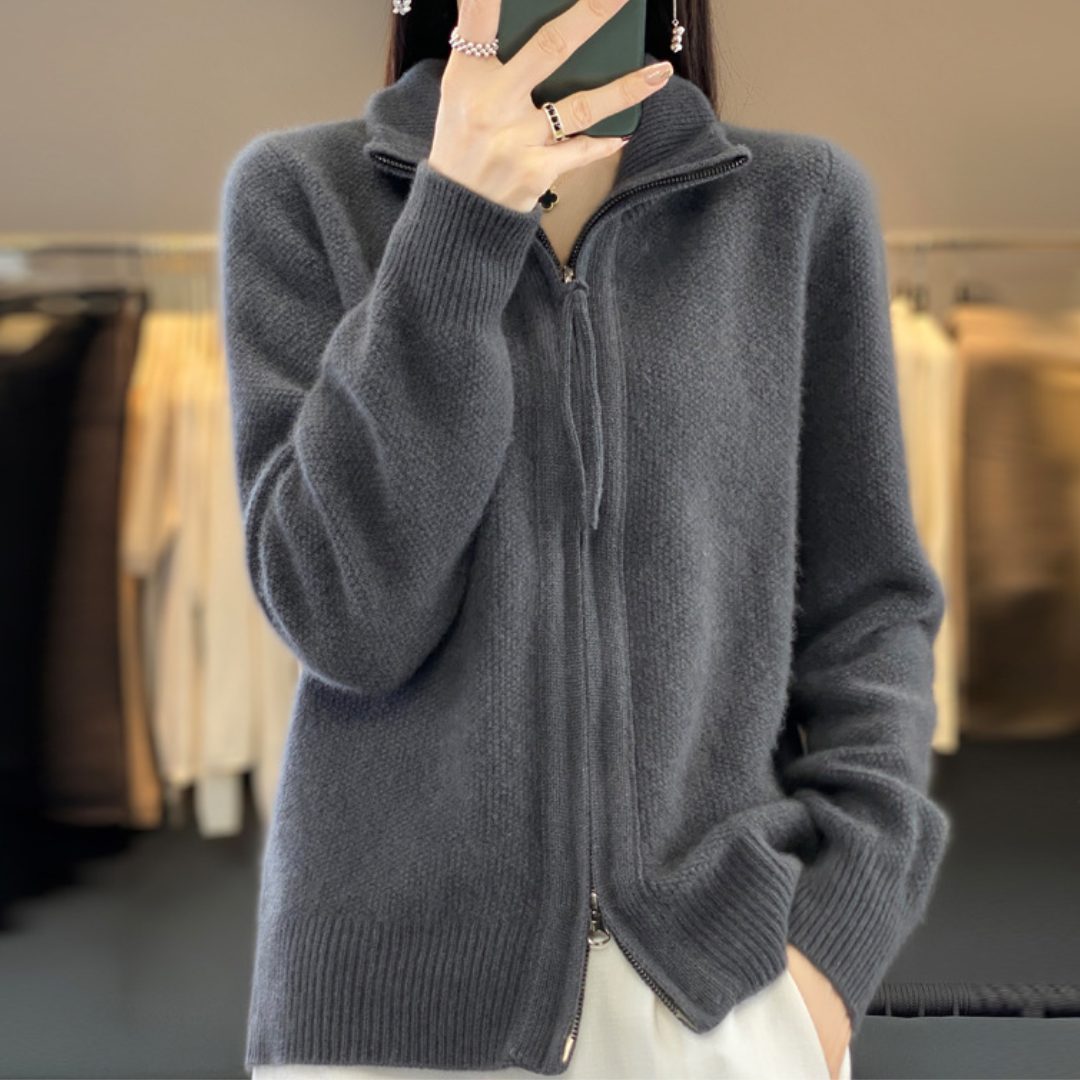 Sarah | Women's Zip-Up Knit Cardigan – High Stand Collar, Two-Way Zipper, Ribbed Trims – Charcoal