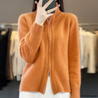 Sarah | Women's Zip-Up Knit Cardigan – High Stand Collar, Two-Way Zipper, Ribbed Trims – Burnt Orange