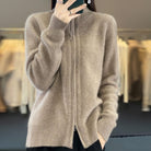 Sarah | Women's Zip-Up Knit Cardigan – High Stand Collar, Two-Way Zipper, Ribbed Trims – Taupe