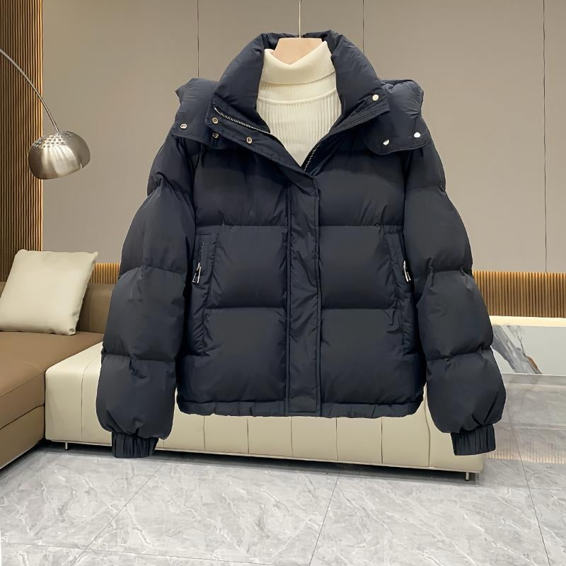 Sasha | Women's Cropped Quilted Puffer Jacket – Hood, Stand Collar, Zip Front – Black