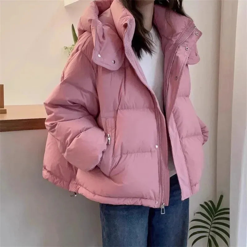 Sasha | Women's Cropped Quilted Puffer Jacket – Hood, Stand Collar, Zip Front – Pink