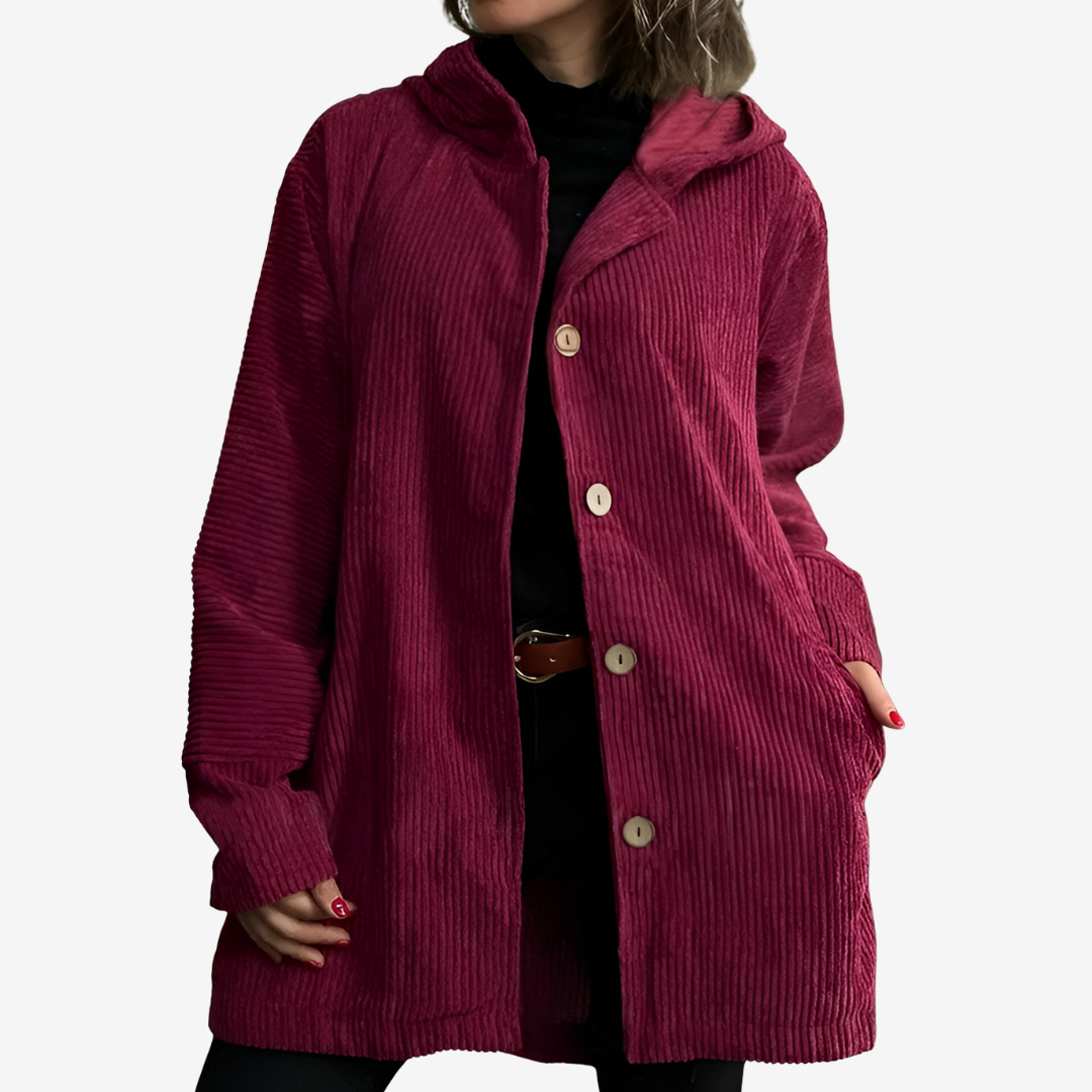 Selma | Women's Long Hooded Cardigan – Ribbed Knit with Buttons and Side Pockets – Burgundy