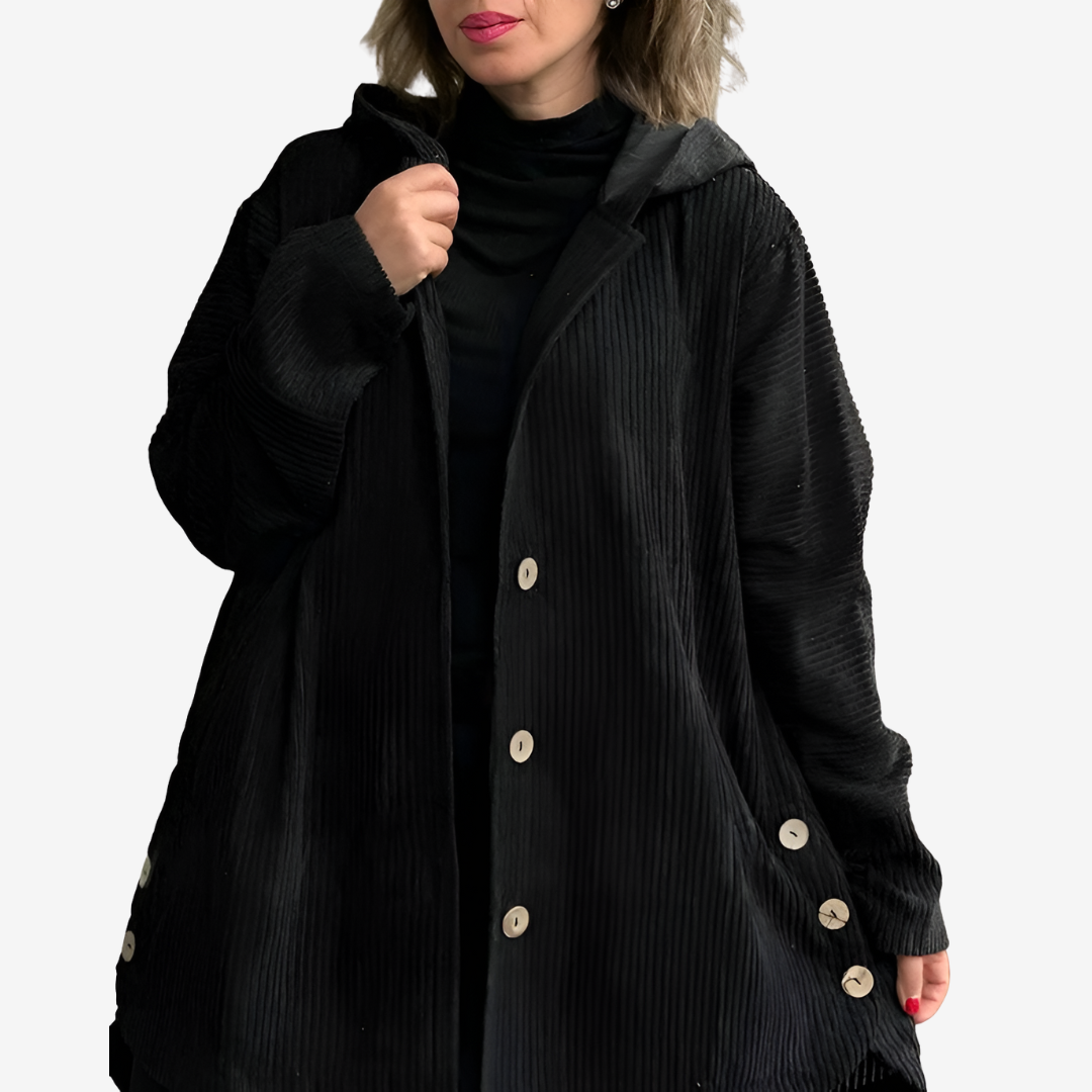 Selma | Women's Long Hooded Cardigan – Ribbed Knit with Buttons and Side Pockets – Black