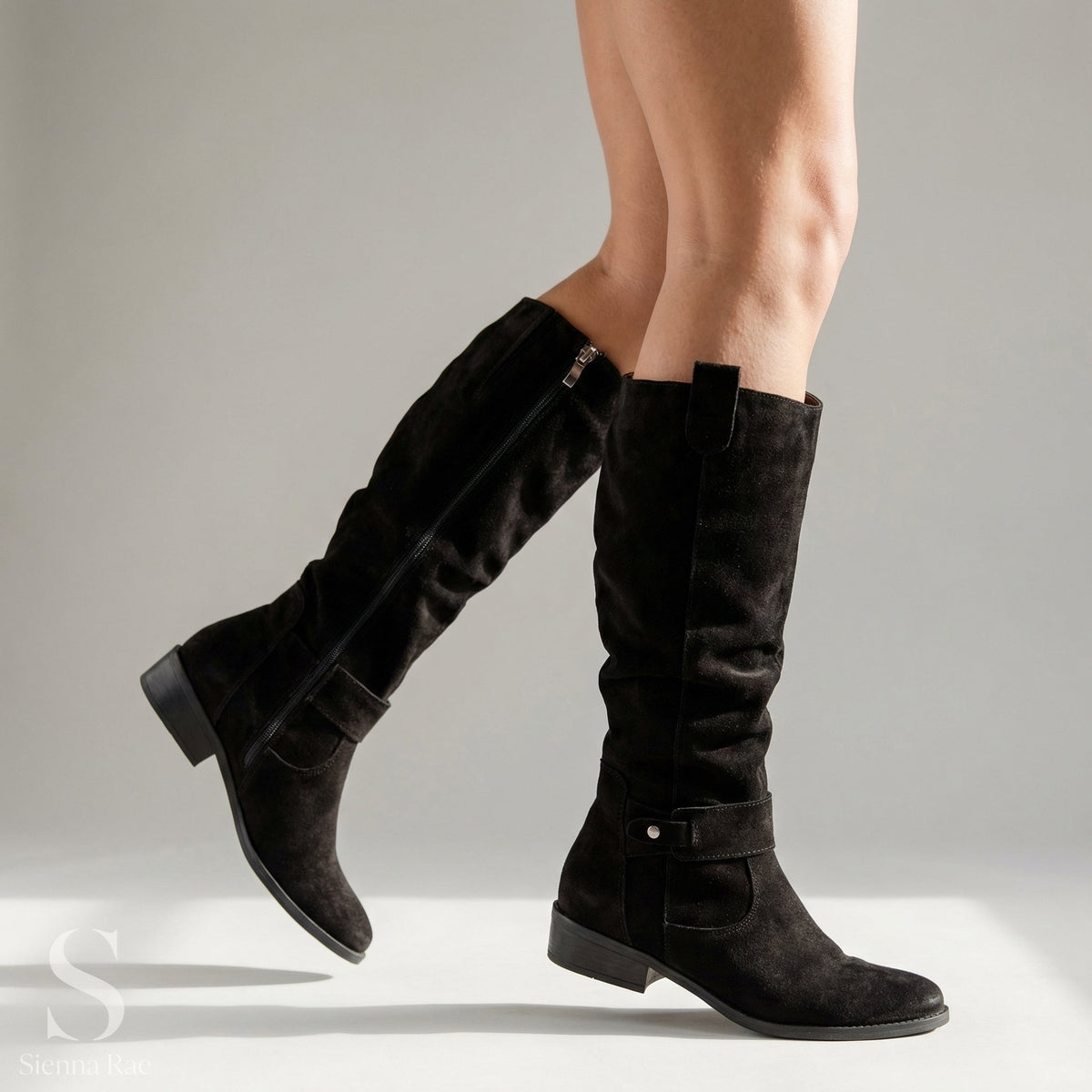 Serena | Women's Knee High Faux Suede Boots – Mid Heel, Cushioned Insole – Black