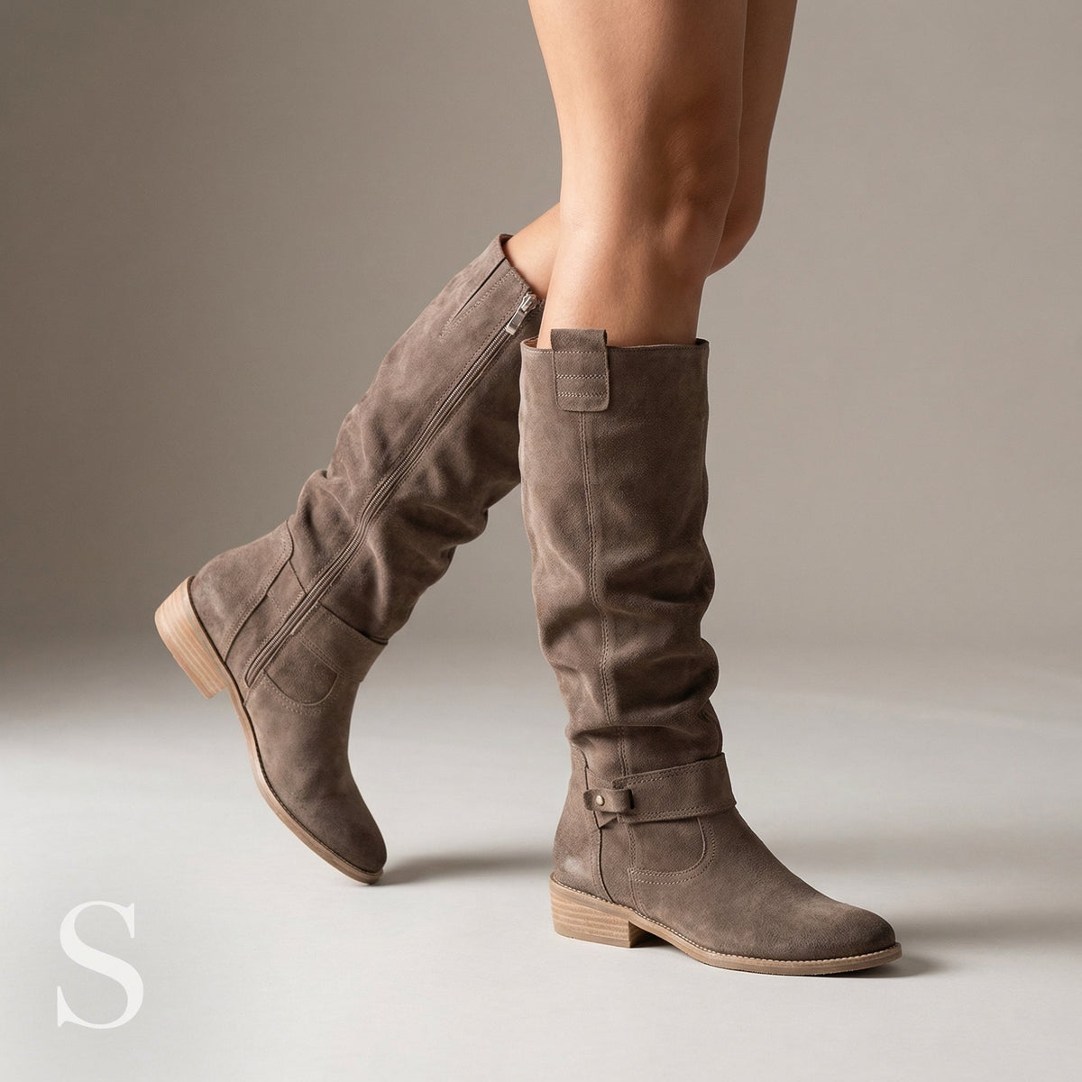 Serena | Women's Knee High Faux Suede Boots – Mid Heel, Cushioned Insole – Light Brown