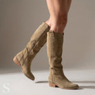 Serena | Women's Knee High Faux Suede Boots – Mid Heel, Cushioned Insole – Pine Green