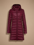 Signe | Women's Long Hooded Puffer Coat – Lightweight Padding, Slim Fit – Burgundy