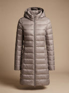 Signe | Women's Long Hooded Puffer Coat – Lightweight Padding, Slim Fit – Khaki