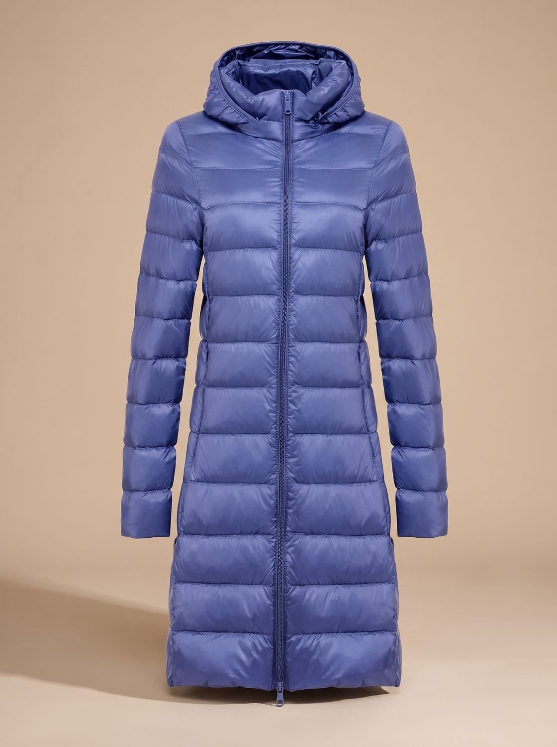 Signe | Women's Long Hooded Puffer Coat – Lightweight Padding, Slim Fit – Blue