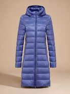 Signe | Women's Long Hooded Puffer Coat – Lightweight Padding, Slim Fit – Blue
