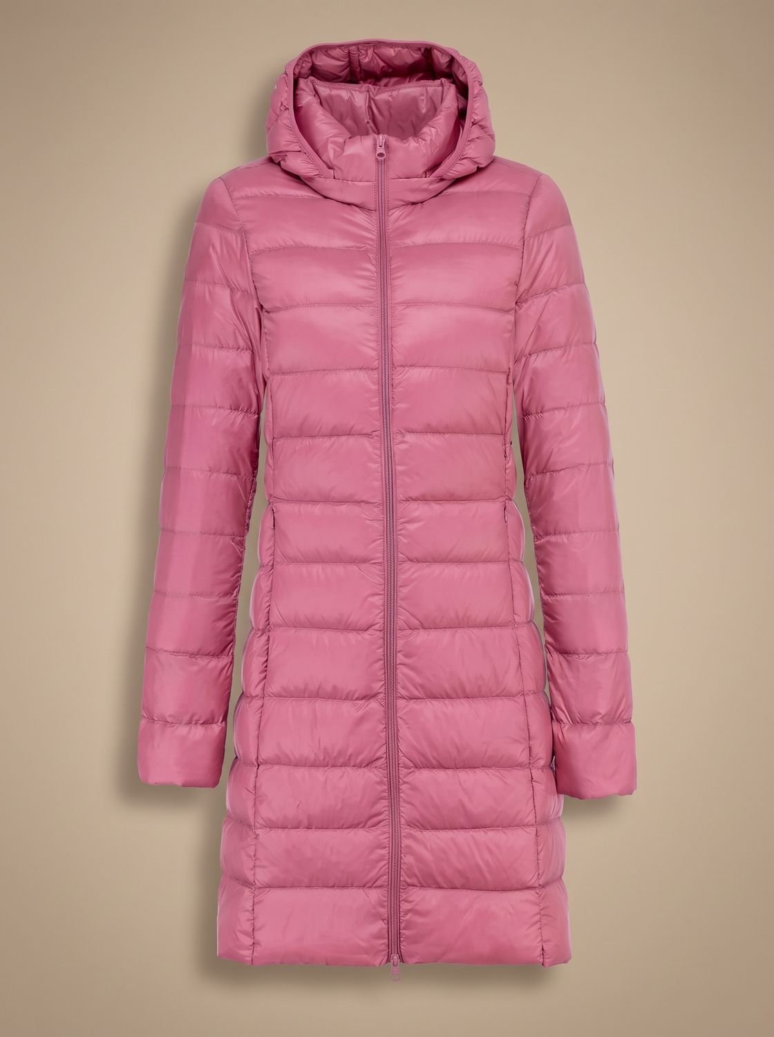 Signe | Women's Long Hooded Puffer Coat – Lightweight Padding, Slim Fit – Pink