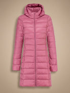 Signe | Women's Long Hooded Puffer Coat – Lightweight Padding, Slim Fit – Pink
