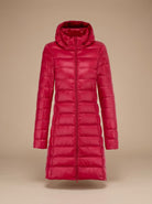 Signe | Women's Long Hooded Puffer Coat – Lightweight Padding, Slim Fit – Red