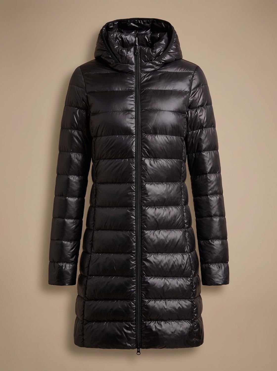 Signe | Women's Long Hooded Puffer Coat – Lightweight Padding, Slim Fit – Black