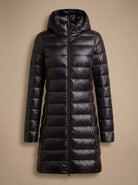 Signe | Women's Long Hooded Puffer Coat – Lightweight Padding, Slim Fit – Black