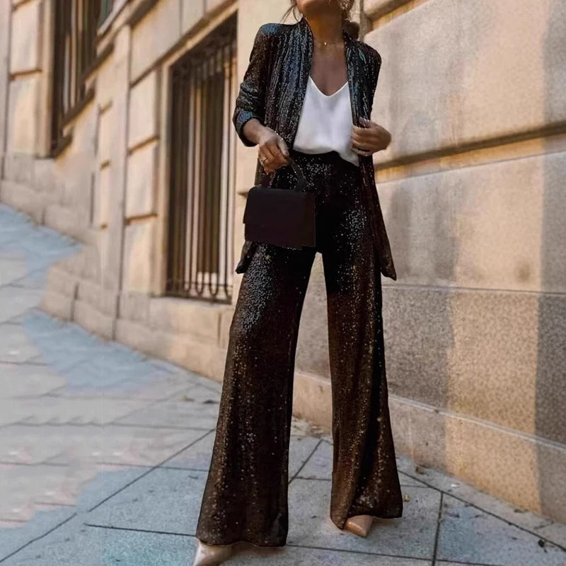 Simone – Women's Sequin Blazer and Wide-Leg Trouser Set – Holiday Party Suit