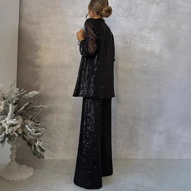 Simone – Women's Sequin Blazer and Wide-Leg Trouser Set – Holiday Party Suit