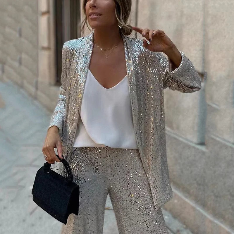 Simone – Women's Sequin Blazer and Wide-Leg Trouser Set – Holiday Party Suit