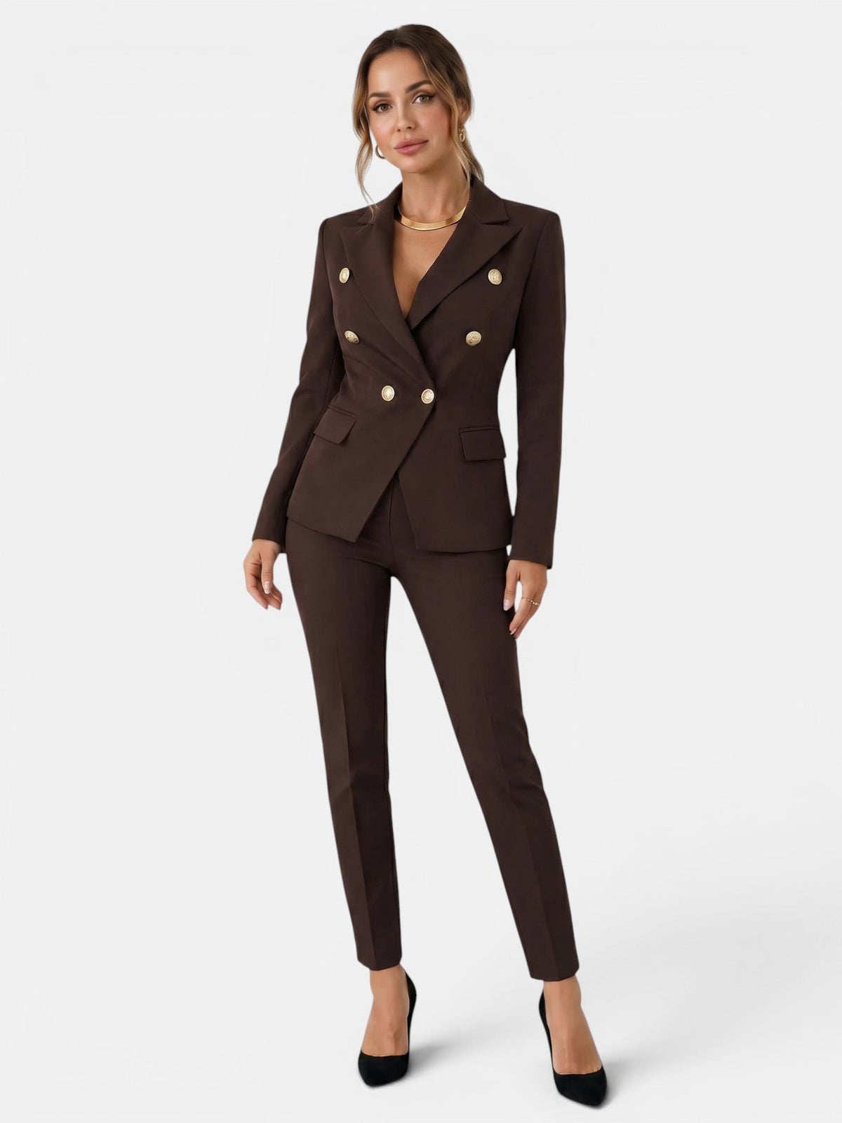 Sylvie | Women's Double-Breasted Blazer and Slim Pants Suit Set – Tailored Two-Piece Workwear – Brown