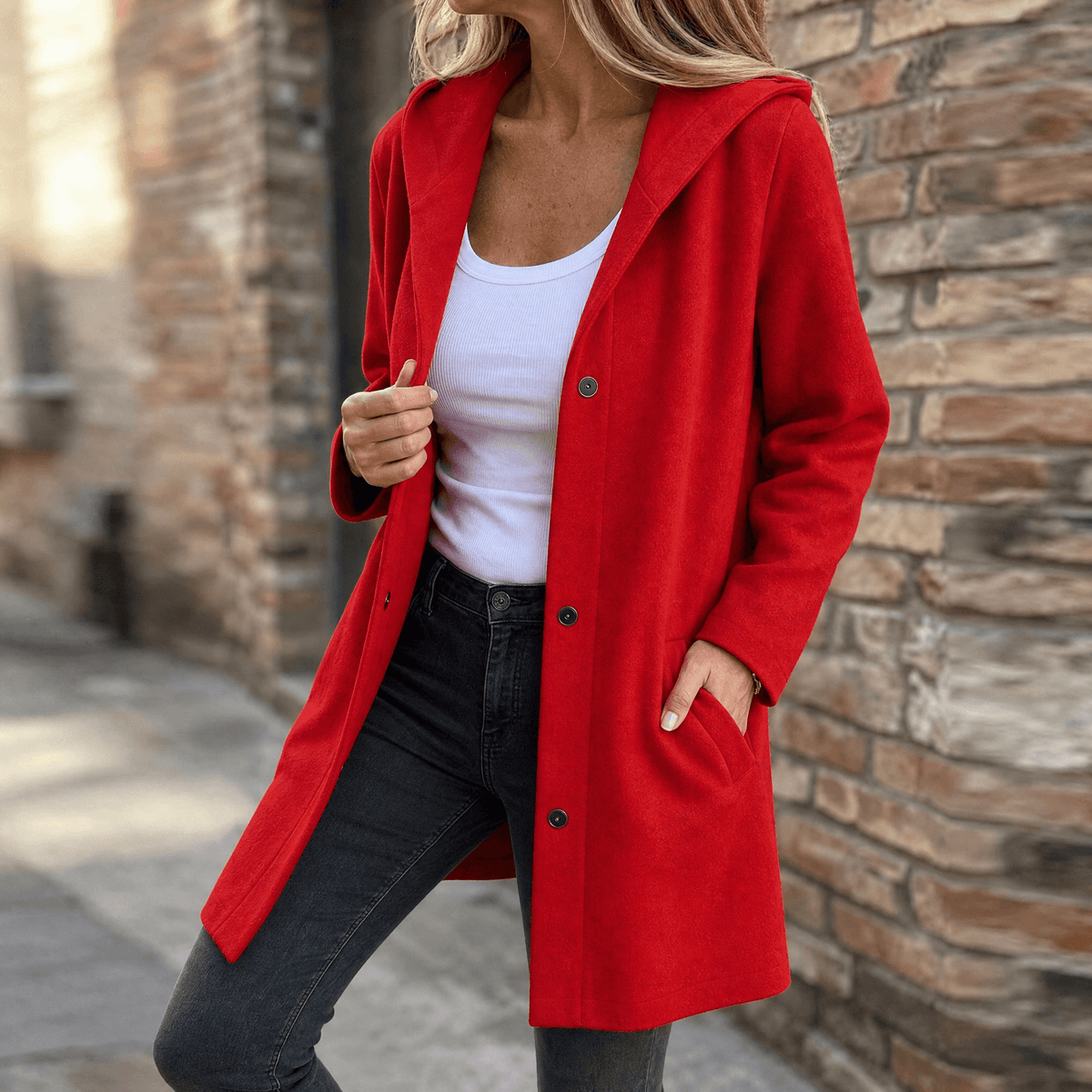 Talia | Women's Hooded Button-Front Cardigan – Soft Knit with Pockets – Red