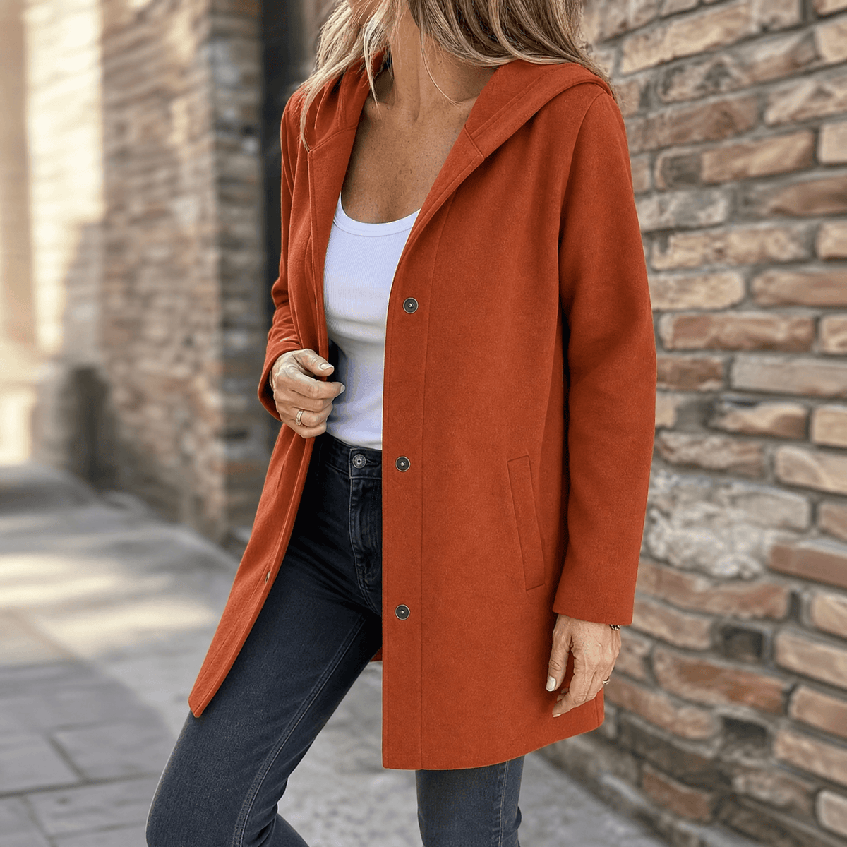 Talia | Women's Hooded Button-Front Cardigan – Soft Knit with Pockets – Rust