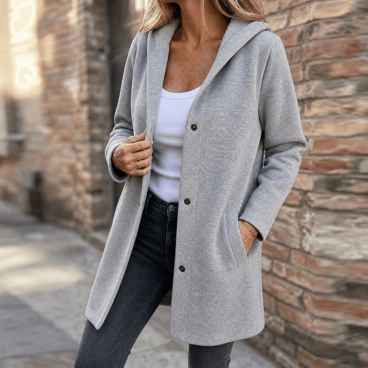 Talia | Women's Hooded Button-Front Cardigan – Soft Knit with Pockets – Gray