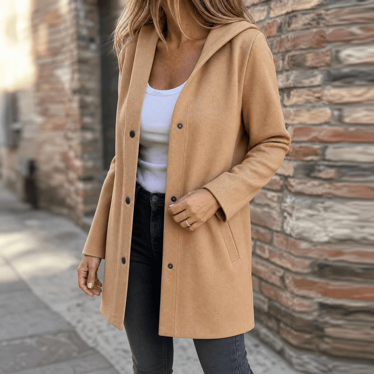 Talia | Women's Hooded Button-Front Cardigan – Soft Knit with Pockets – Camel