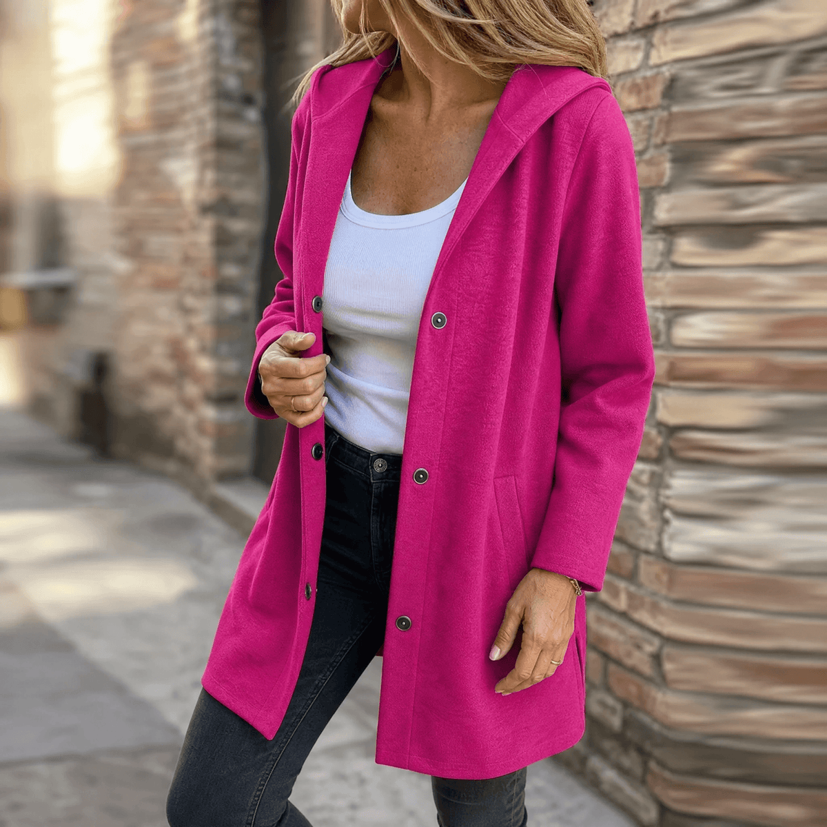 Talia | Women's Hooded Button-Front Cardigan – Soft Knit with Pockets – Fuchsia