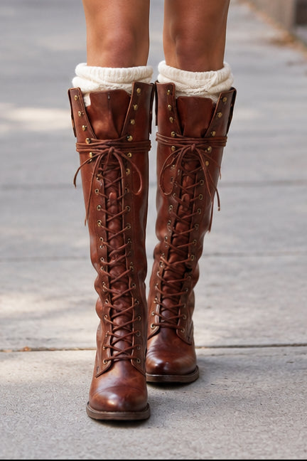 Tamsin | Women's Lace-Up Knee High Boots – Block Heel Combat-Style Tall Boots – Reddish Brown
