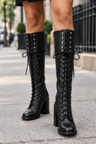 Tamsin | Women's Lace-Up Knee High Boots – Block Heel Combat-Style Tall Boots – Black